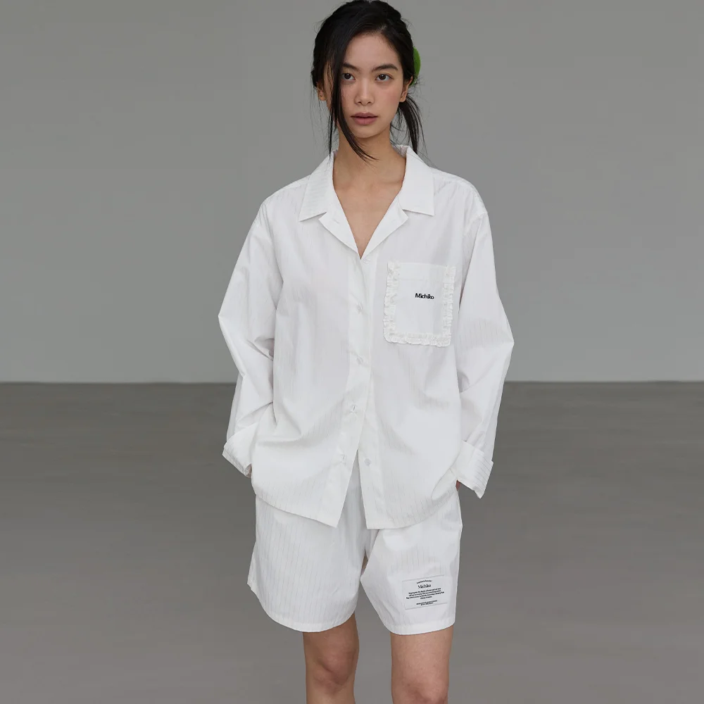 Ruffled Pocket Pajama Set White