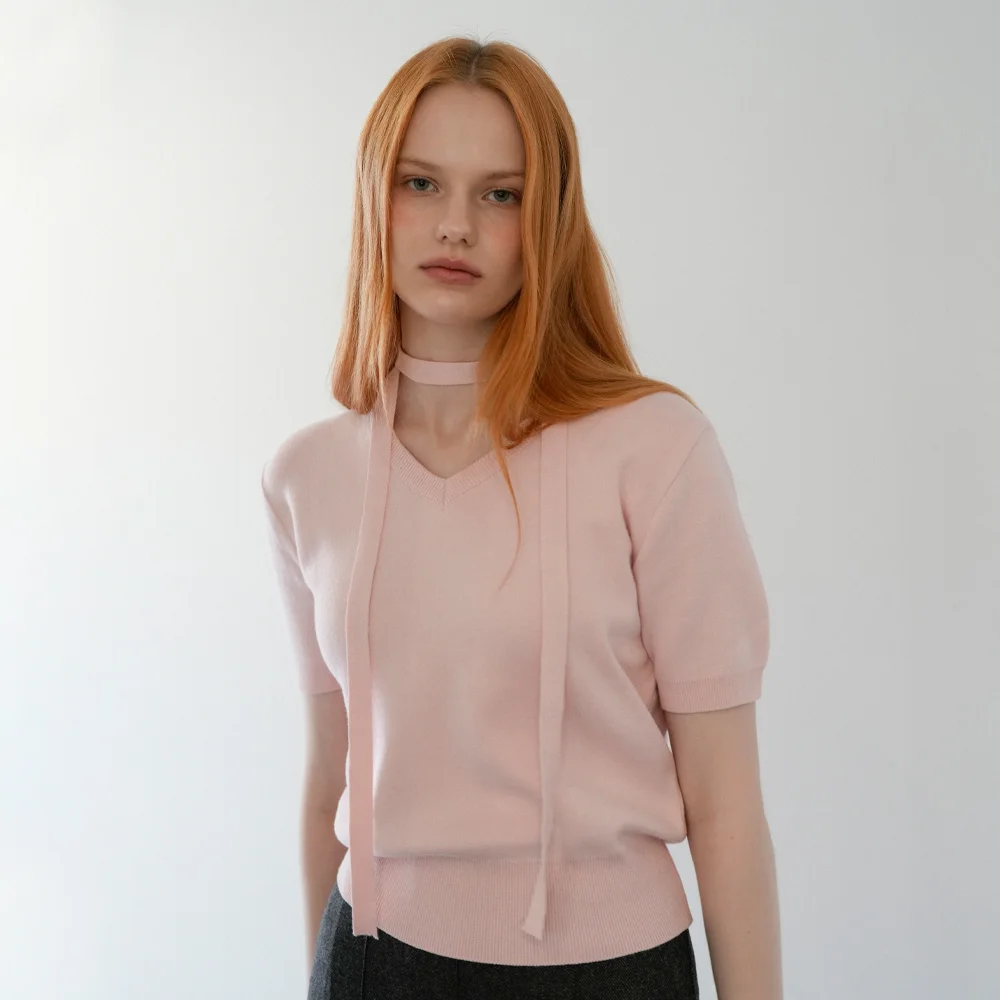 Tie Set V-neck Half Knit (Pink)