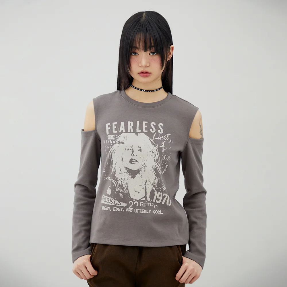 SHOULDER CUT OUT PRINTING T-SHIRT BROWN BQ4CL024