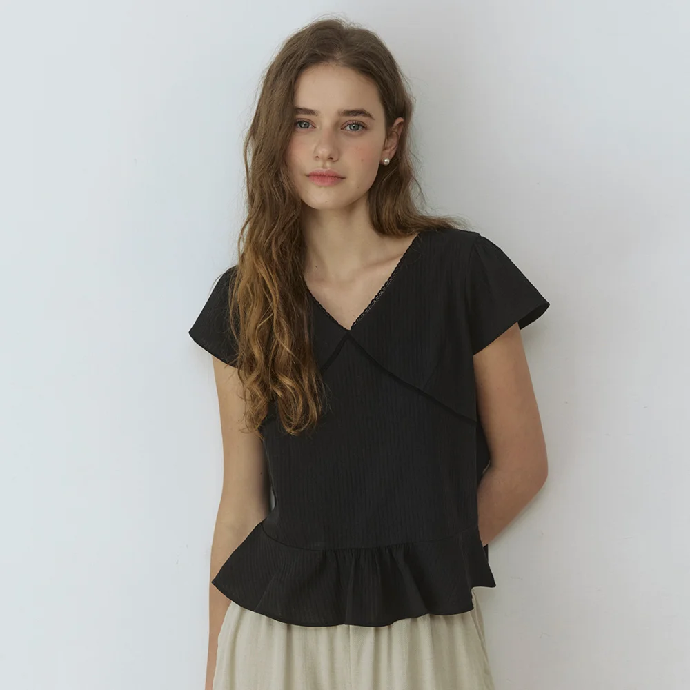 V cut lace jacquard blouse - black