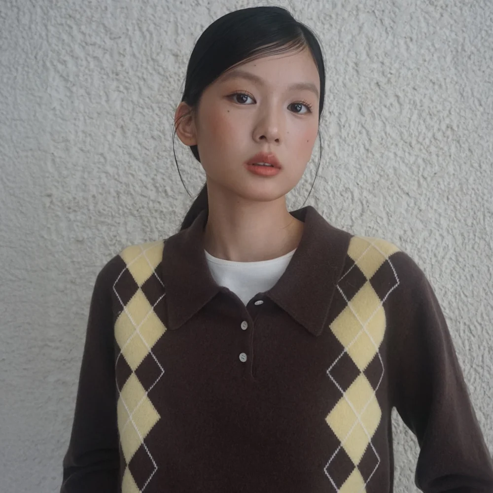 (woman) Vince 菱格紋 羊毛 衣領 針織衫_Brown