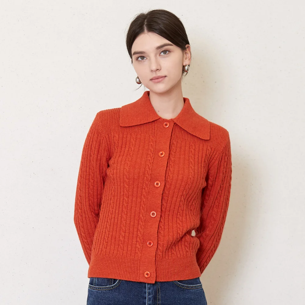 cable collor knit cardigan_orange