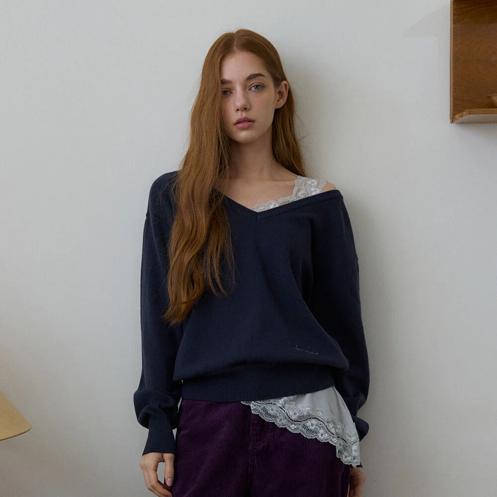 MIRET WOOL BLEND DOUBLE V-NECK KNIT 2COL_NAVY
