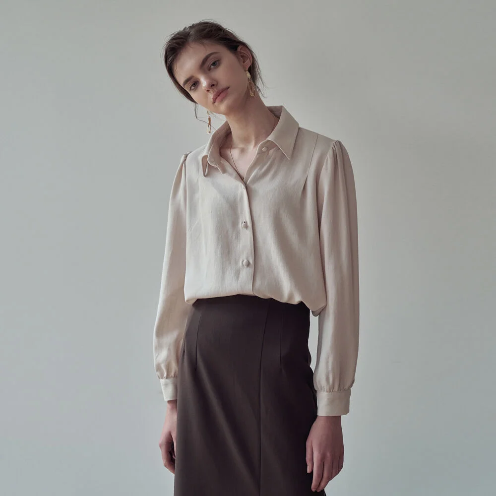 PUFF SHIRRING LONG SLEEVE BLOUSE_BEIGE