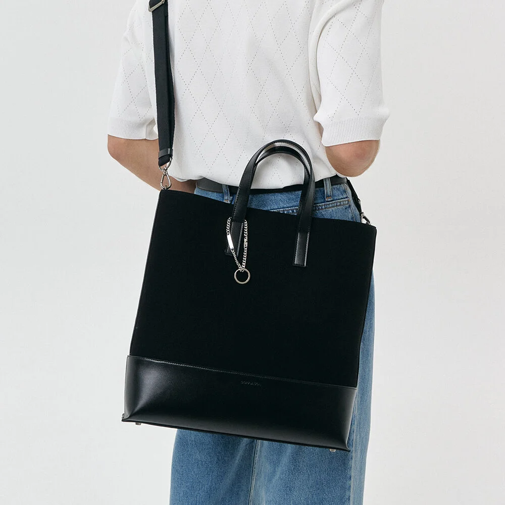 牛皮 帆布 鏈條 托特袋 BLACK