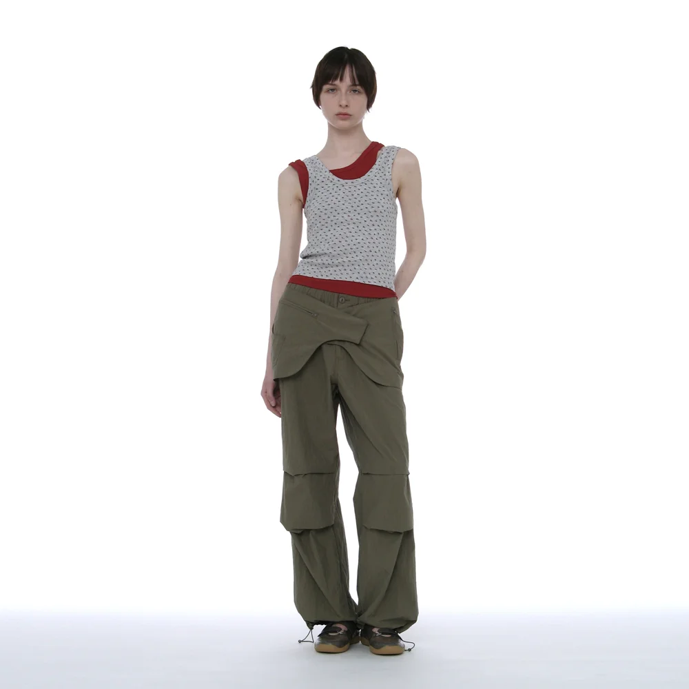 BELTED LAYERED PARACHUTE PANTS_KHAKI GREEN