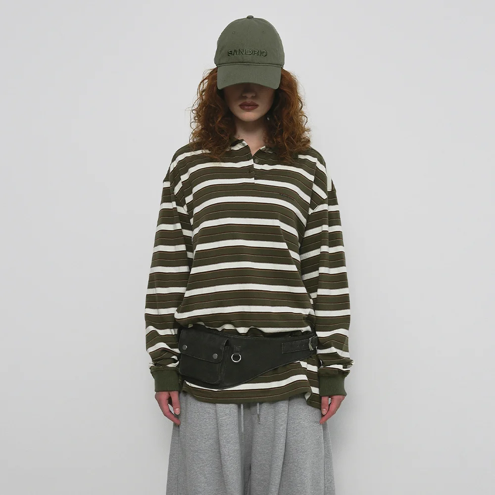 STRIPE OVERFIT COLLAR T-SHIRT_KHAKI