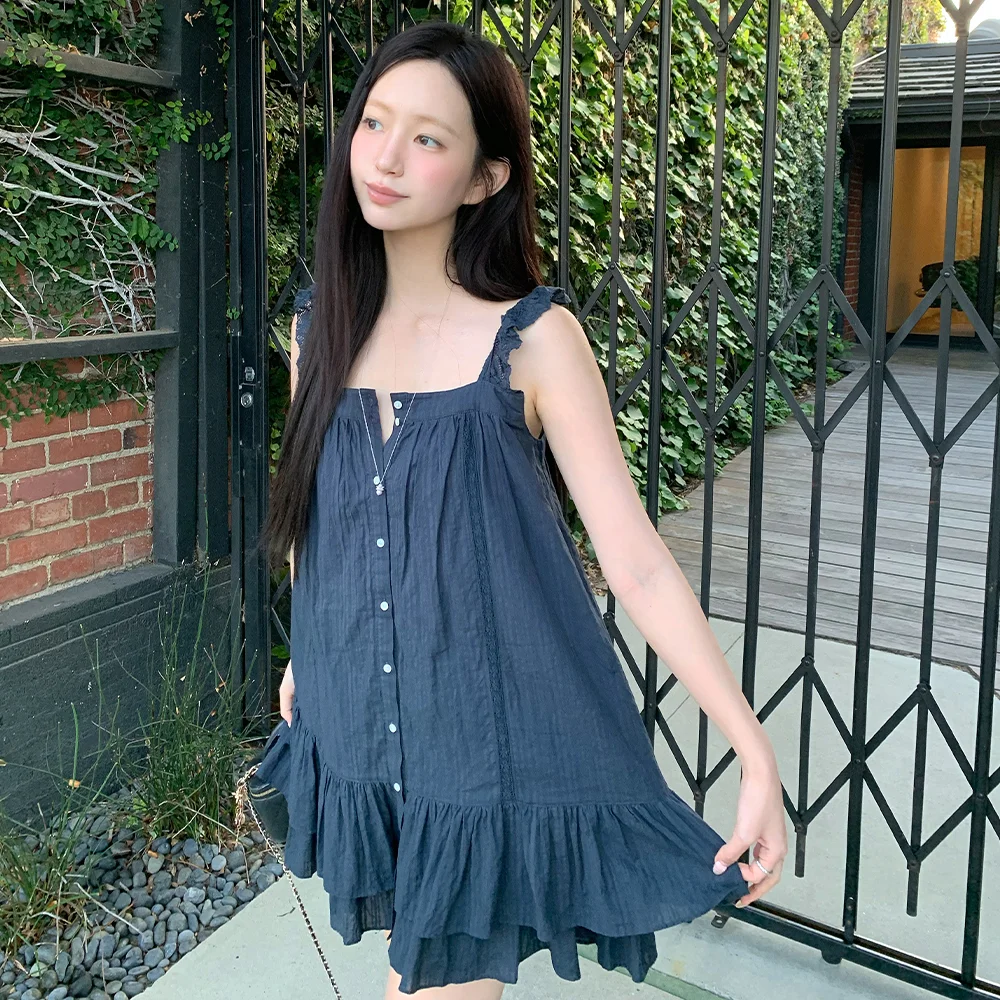 Ain Ruffle Square Neck Dress_Navy