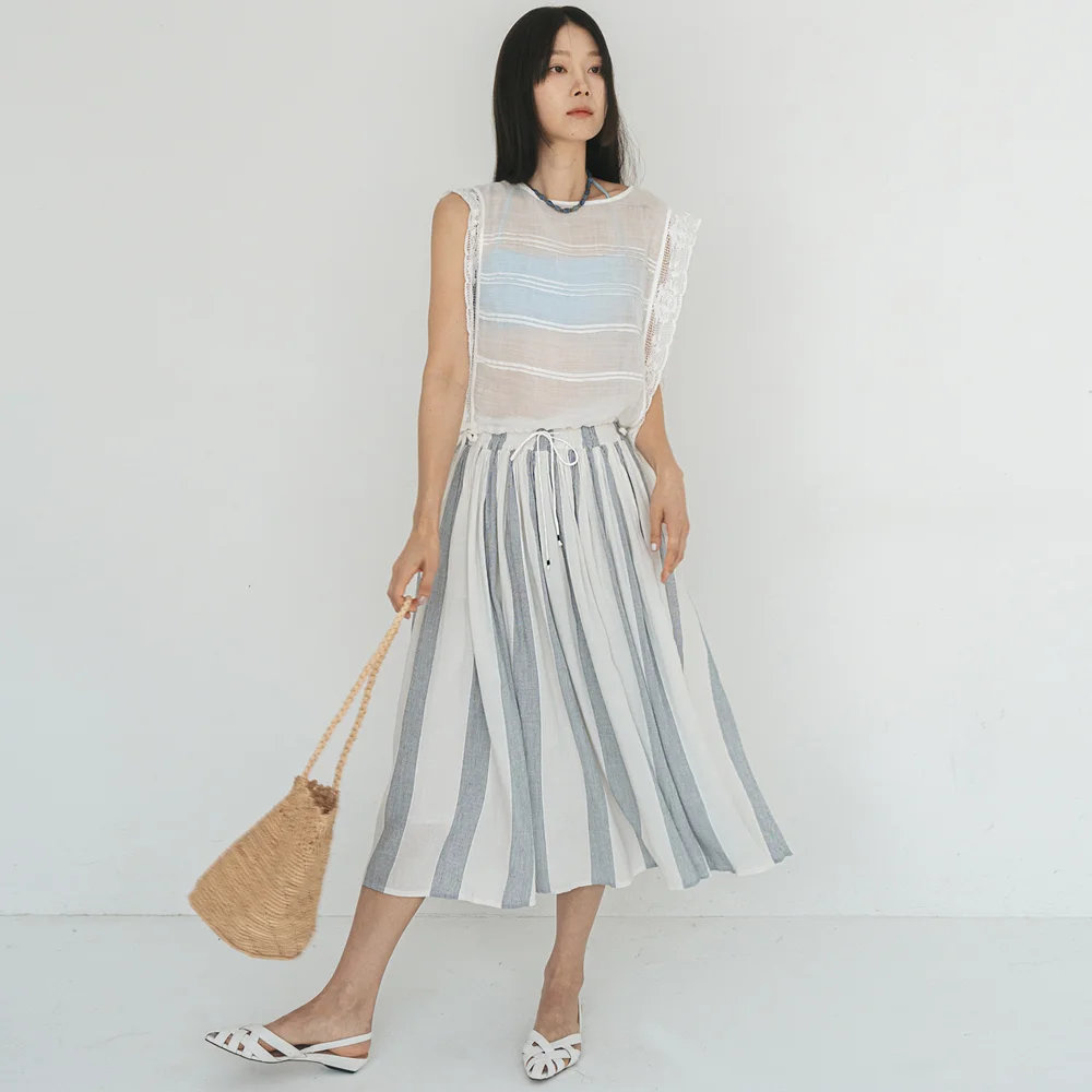 Shirring Stripe Blue Skirt