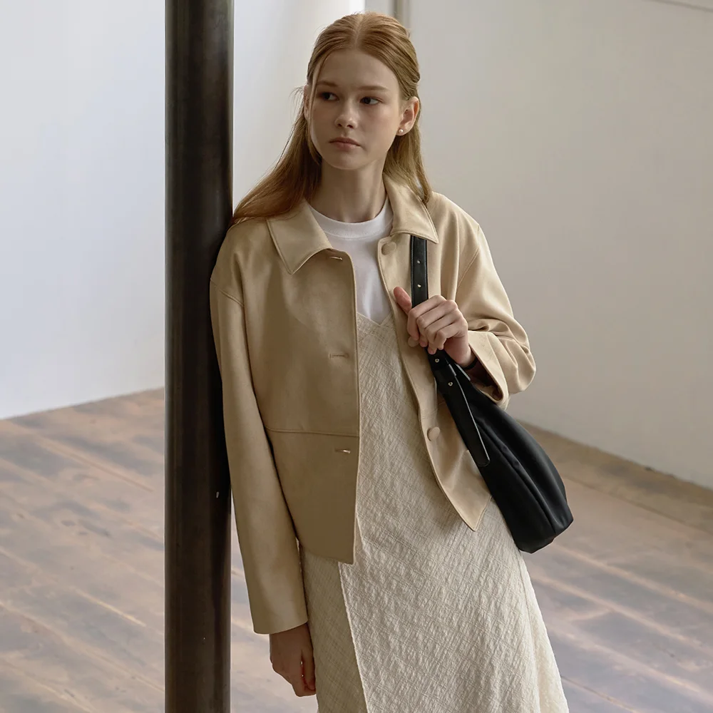 Suede single button jacket - Light beige