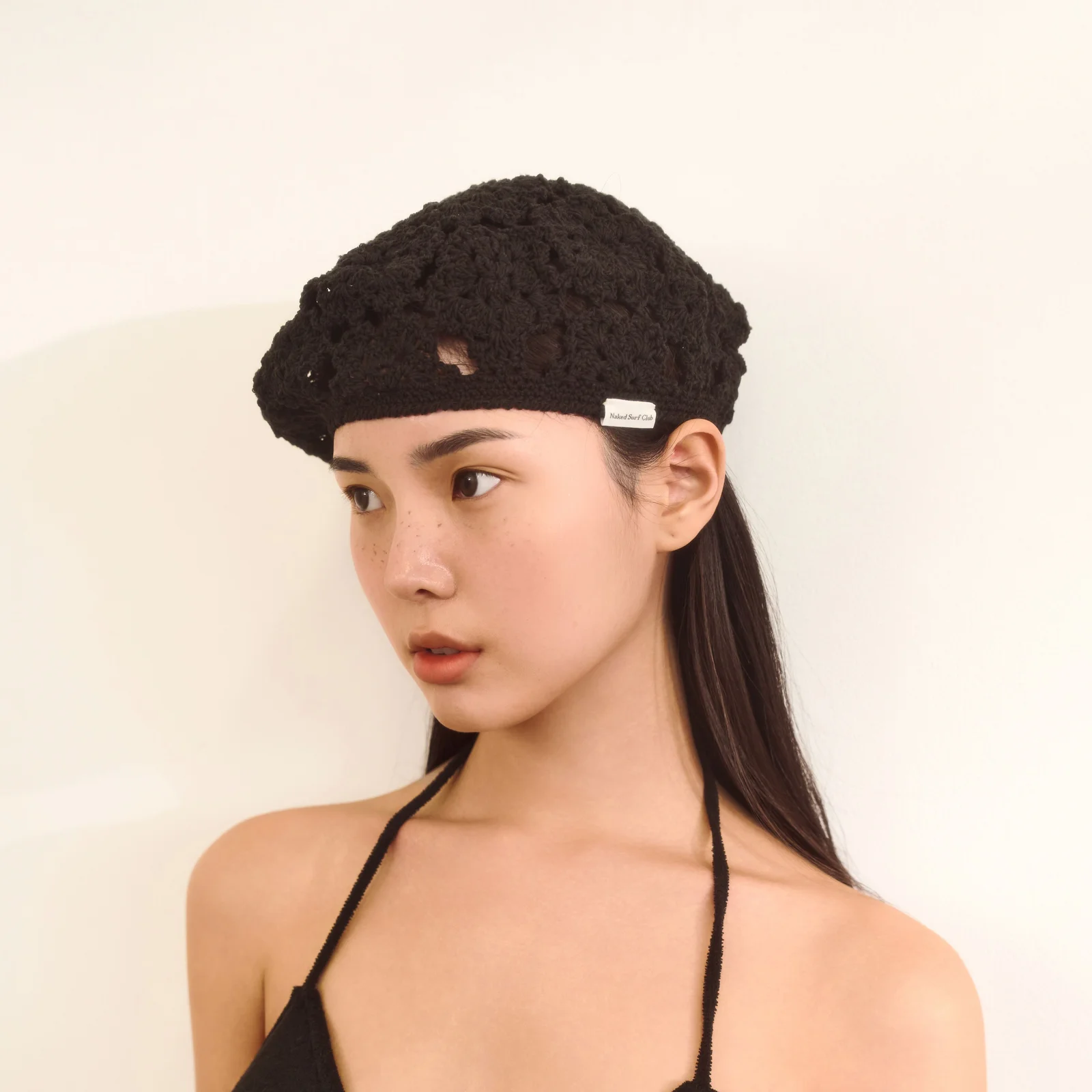 花卉 鉤織 貝雷帽 (Black)