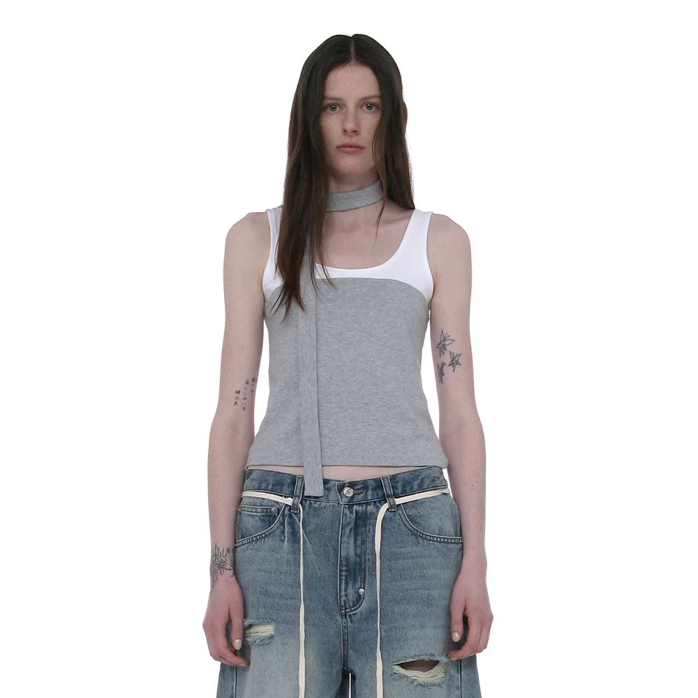 DETACHABLE TIE-NECK SLEEVELESS TOP_MELANGE