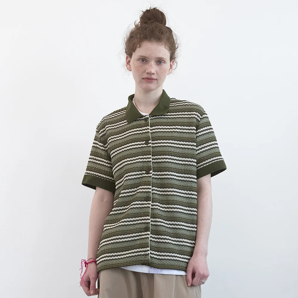 條紋 鉤織 半 衣袖 襯衫 (Khaki Stripe)
