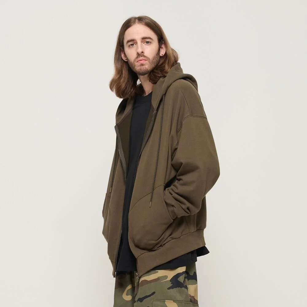 CIRCLE POCKET OVER FIT HOOD ZIP UP (KHAKI)