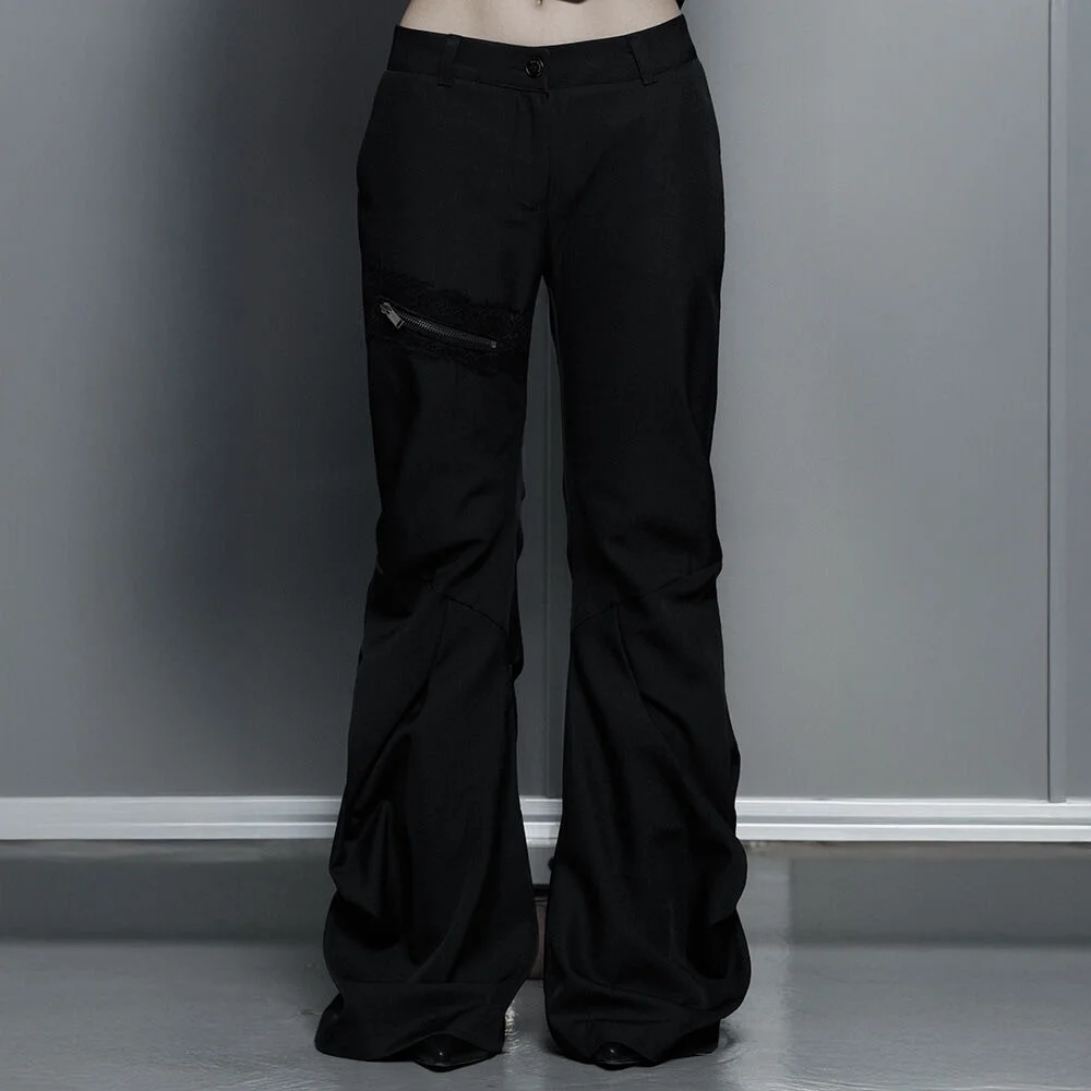 Side Double Lace-Up Bootcut Slacks (Black)