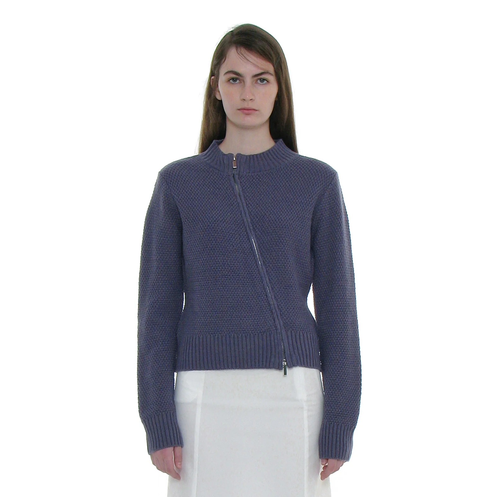ASSYMETRIC ZIP-UP KNIT CARDIGAN_DUSTY BLUE