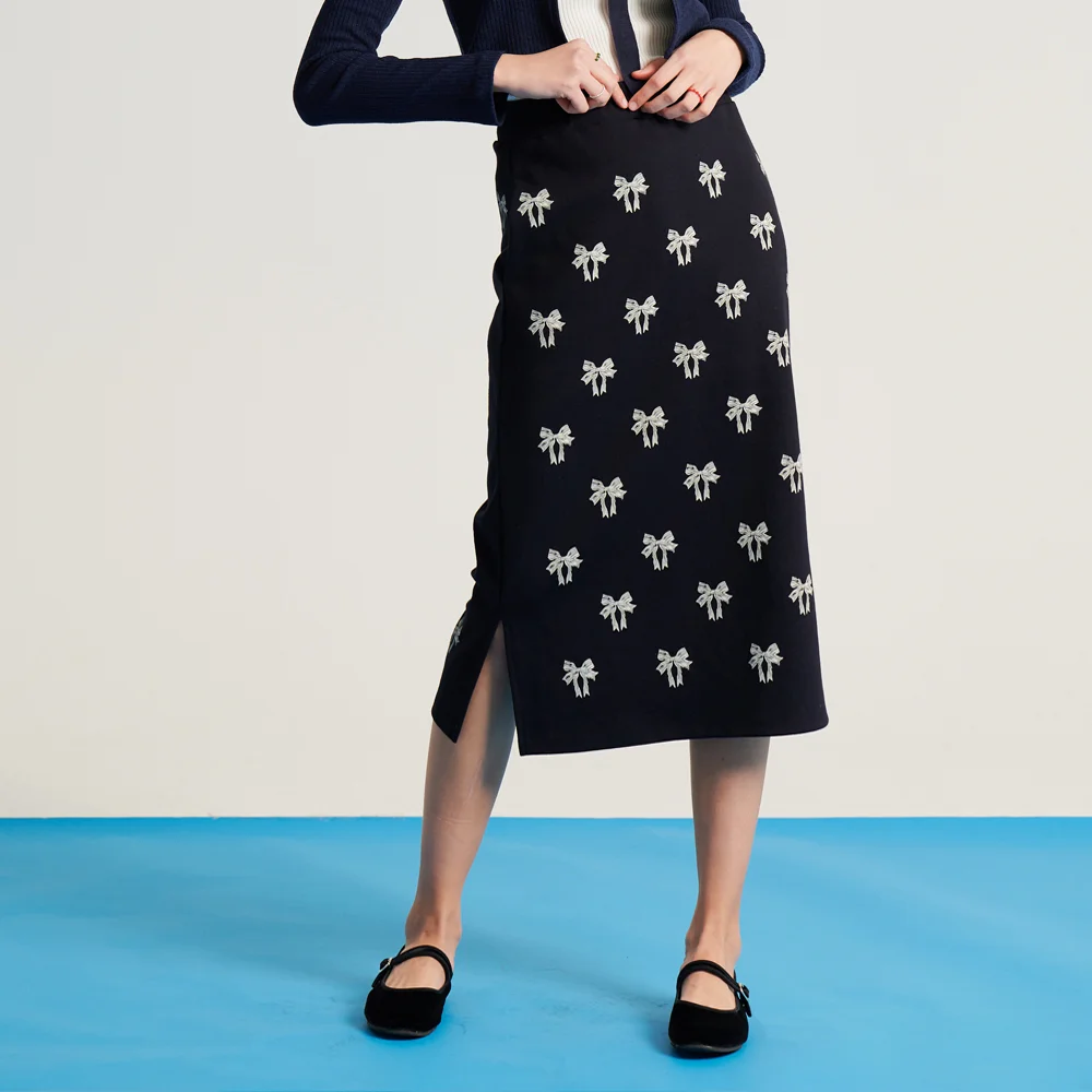 MET ribbon printing skirt navy ivory