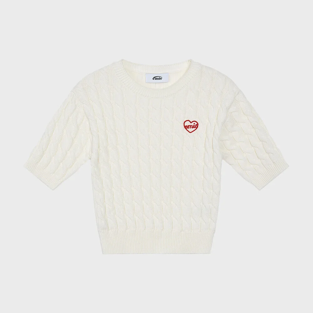 HEART CABLE CROPPED KNIT TOP-IVORY