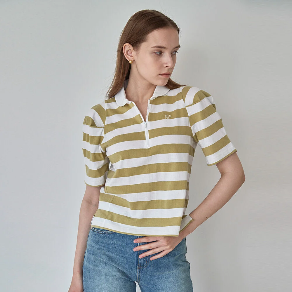 HALF ZIP-UP COLLAR T-SHIRT(olive stripe)