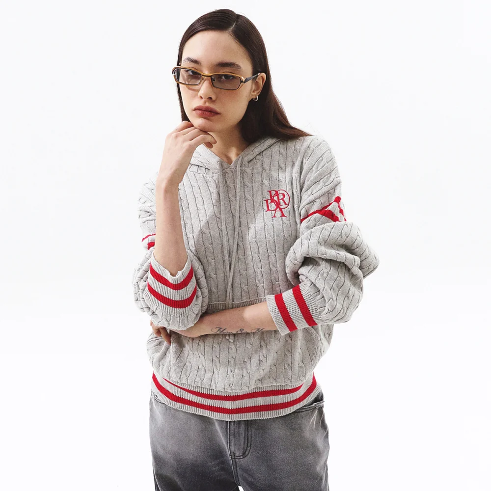 STRIPE COLOR KNIT HOODIE OATMEAL