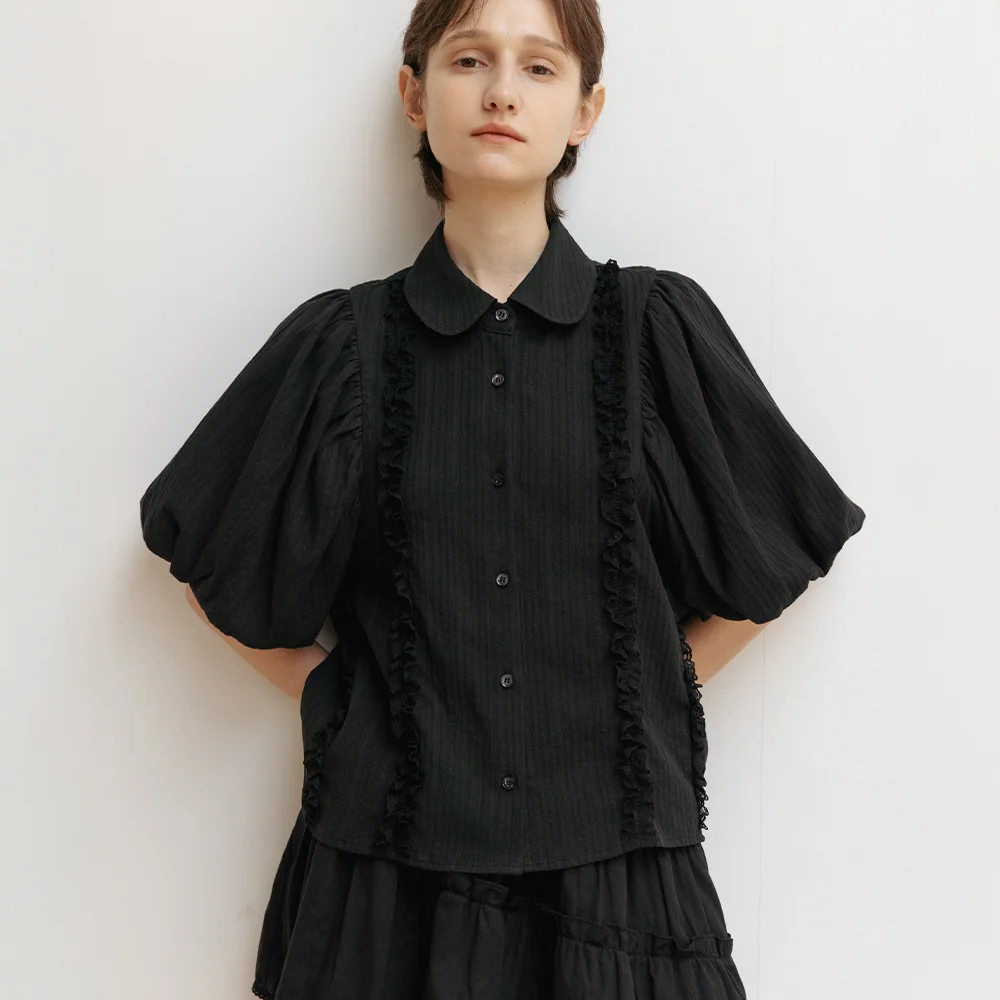 Lace Detail Puff Sleeve Shirts (Black)_泡泡 衣袖 短袖 襯衫