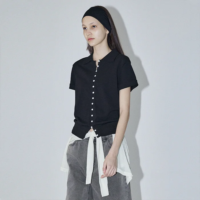 CONTRASTING BUTTONS SHIRT CARDIGAN - BLACK