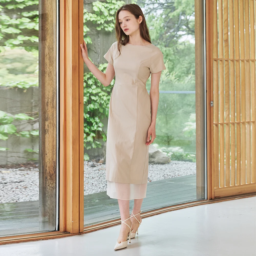 船領 雪紡 層次 連身裙 - 米色 / Boat Neck Chiffon Layered Dress - Beige