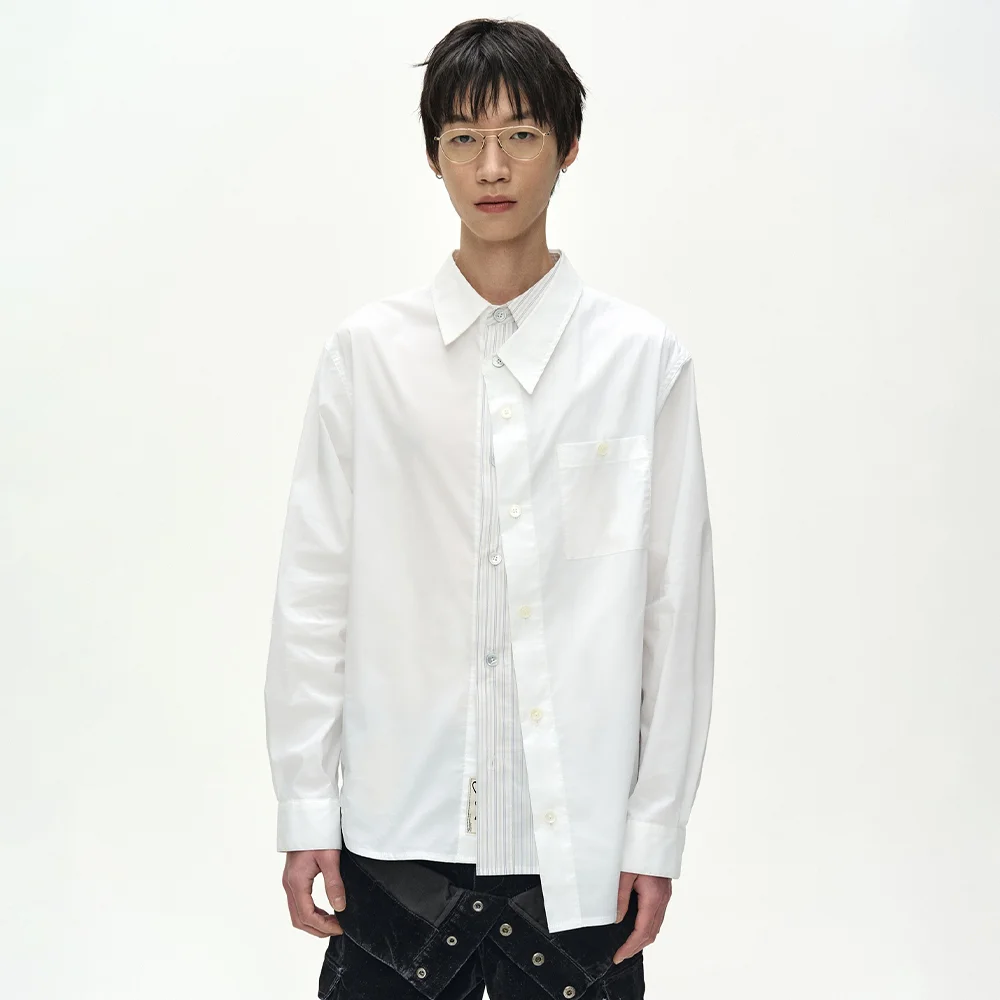 ASYMMETRIC LAYERED SHIRT (WHITE/WHITE STRIPE)