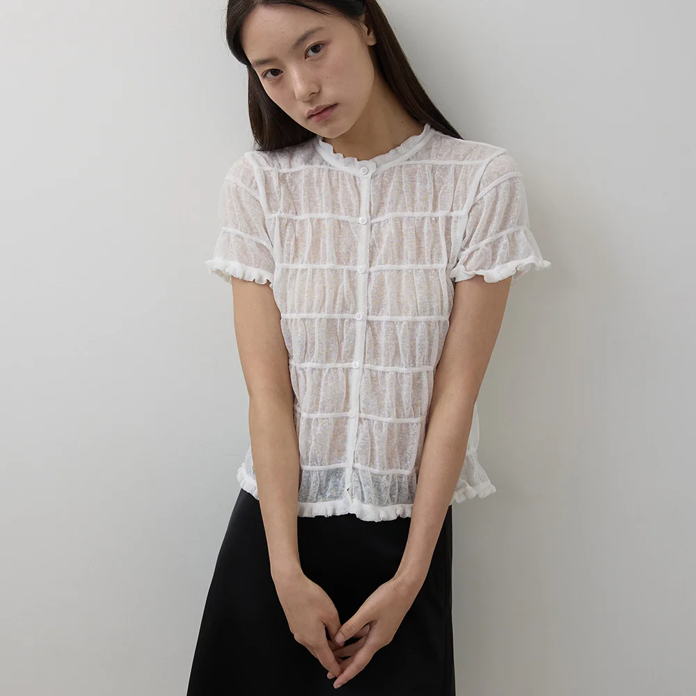 少女風 層疊 抽褶 開襟外套_ivory