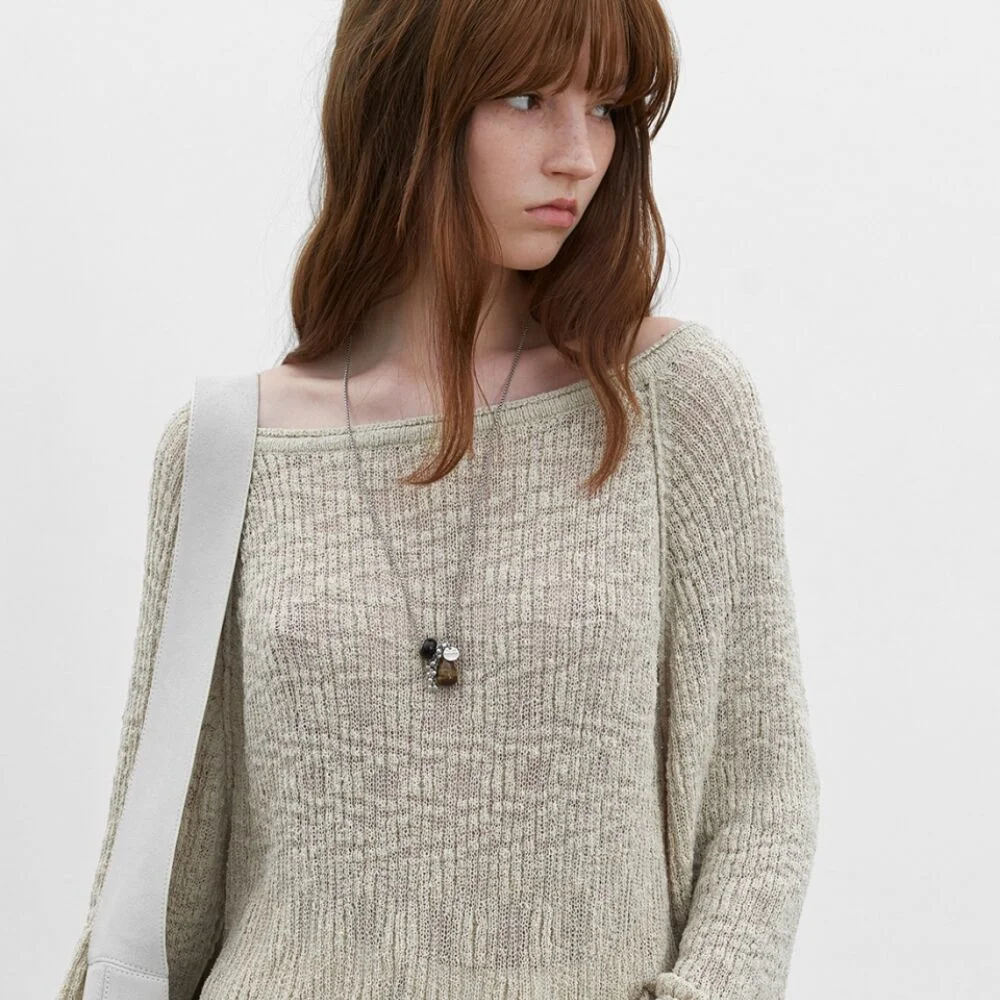 SLUB YARN BOLD RIBBED ONE OFF SHOULDER KNIT (T-7187)