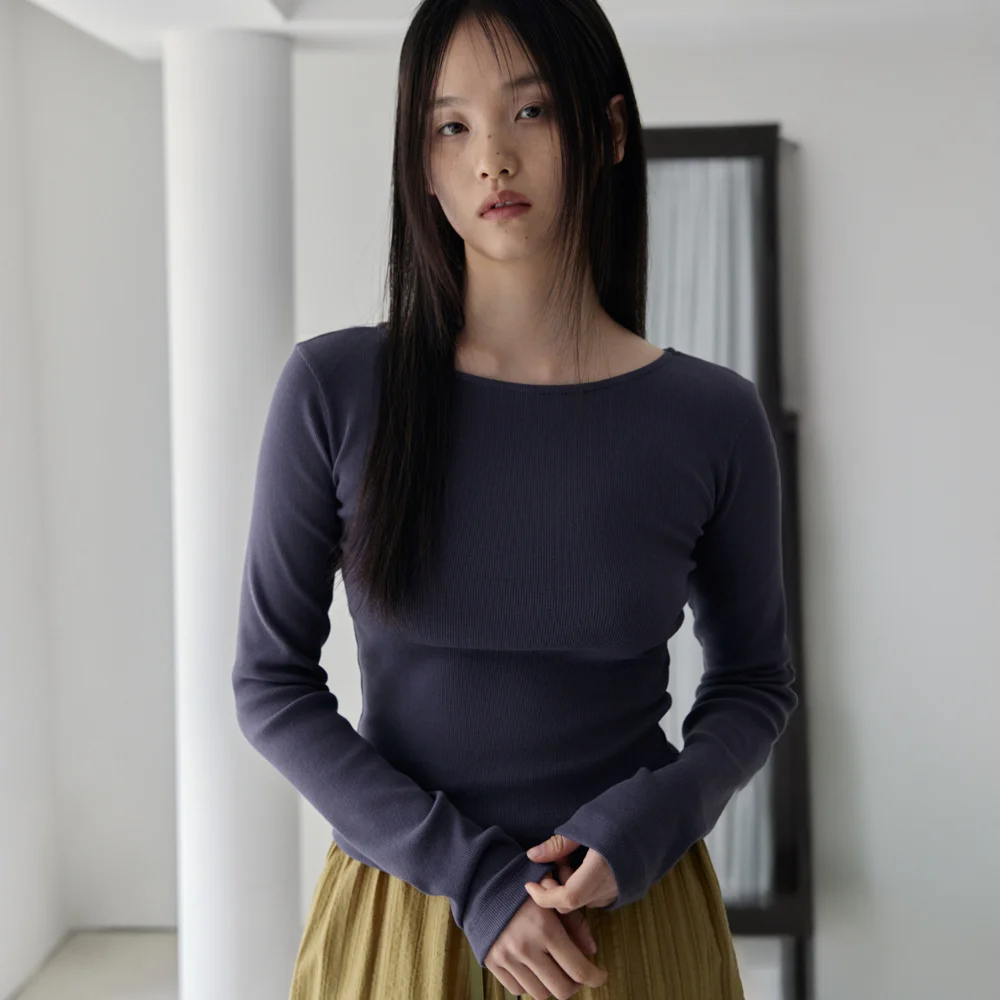 Ribbed Boat-neck Slim T-Shirts (Dusty Navy)