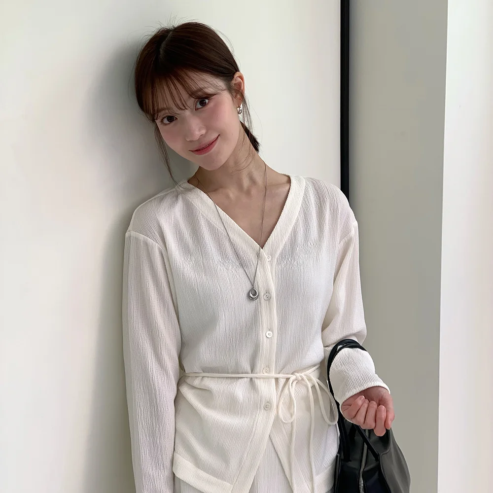 Elise 百褶 V領 雪紡衫_象牙色 / ERISE PLEATS V NECK BLOUSE_IVORY