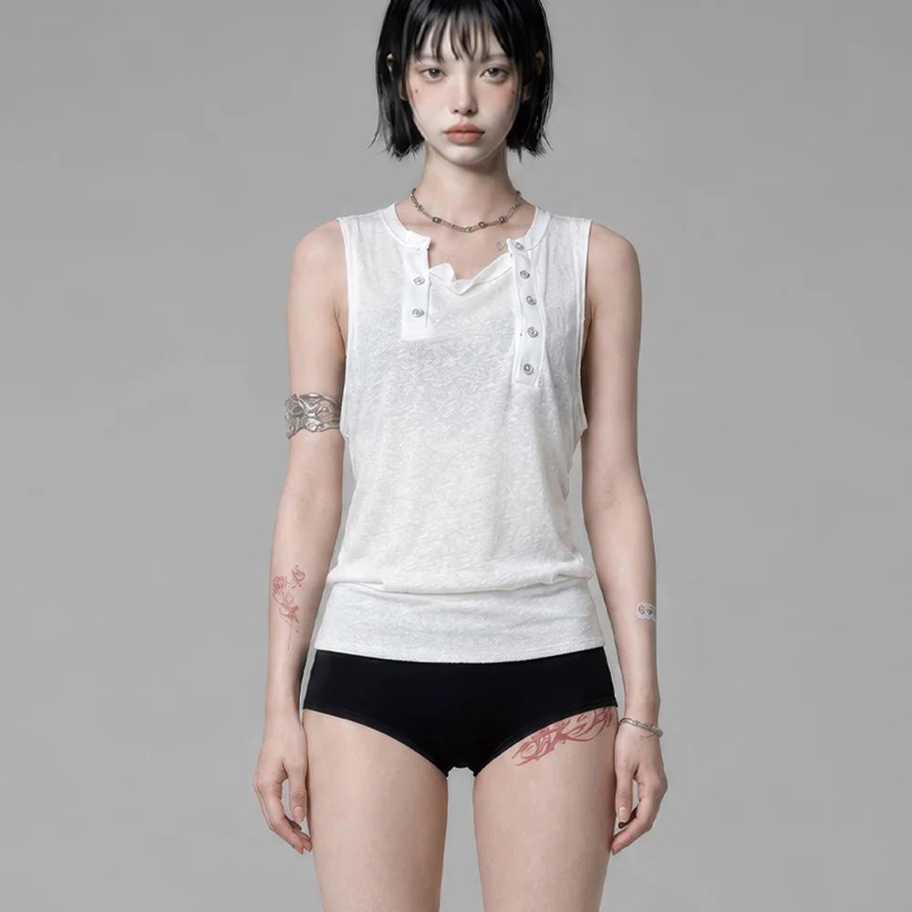 Two-Line Button Short Sleeveless (White)
