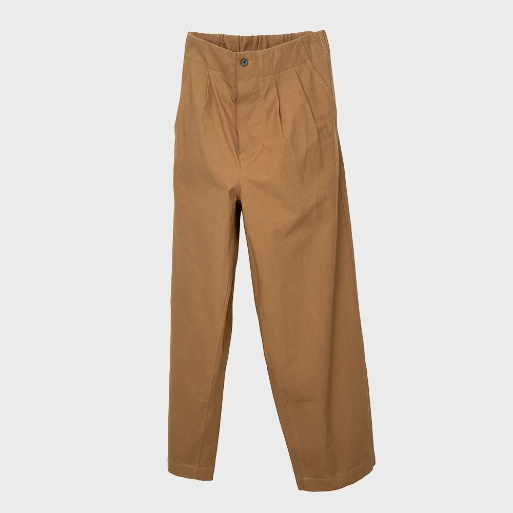 VINTAGE COTTON WIDE TUCKED TROUSERS_BROWN