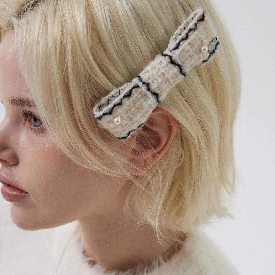 Tweed with pearl ribbon hairpin (Ivory)