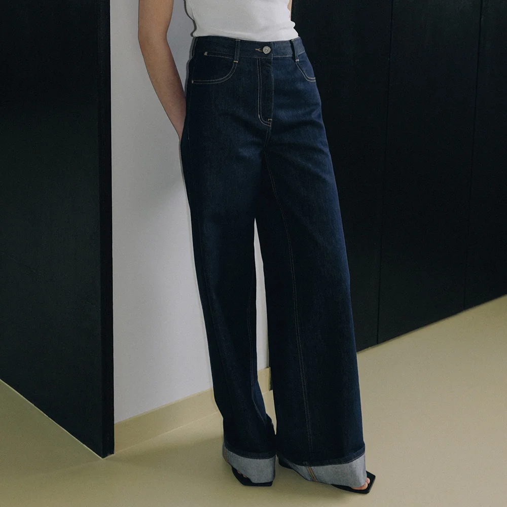 High-Waist Turn-Up Wide Denim Pants SJ6ML782-35
