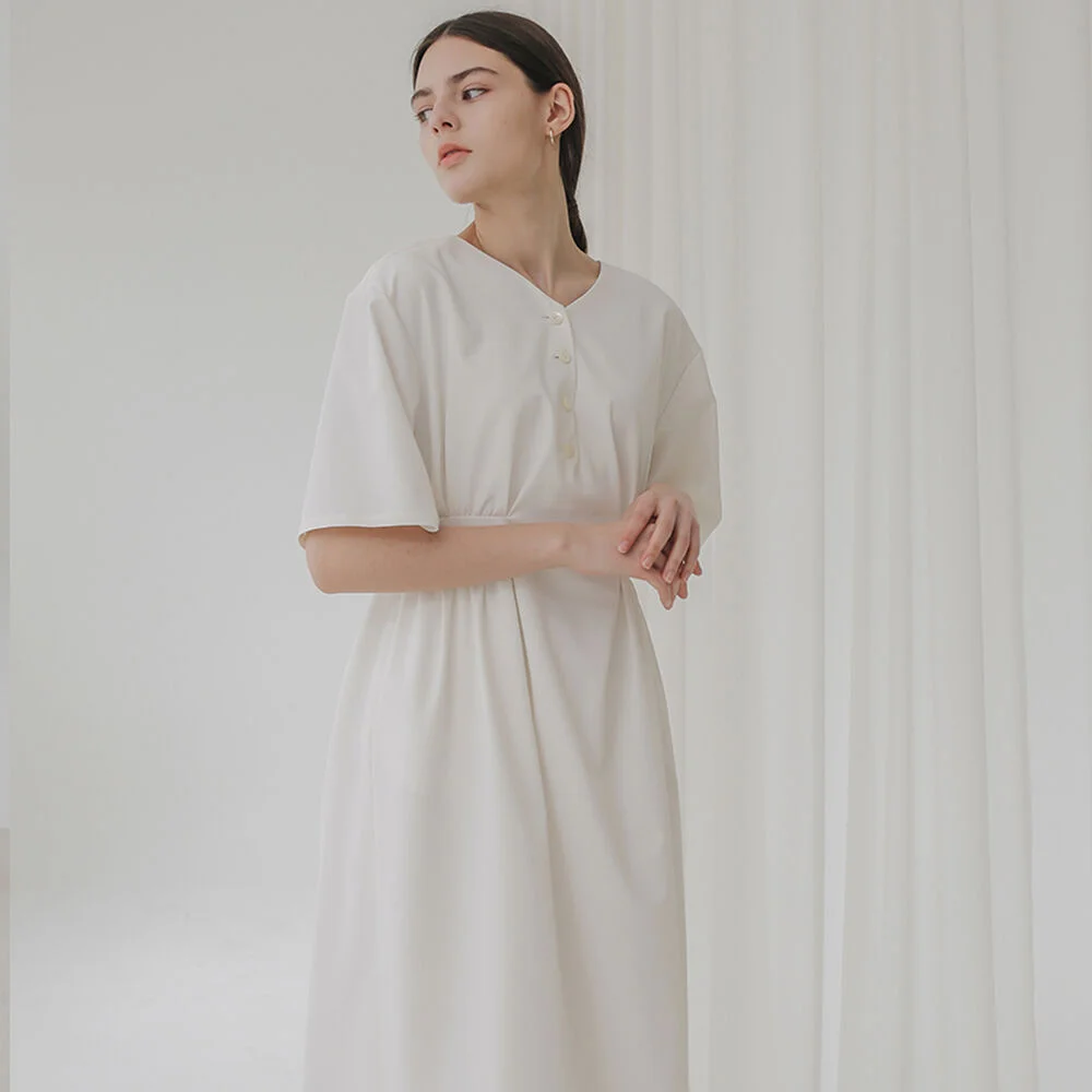 001 V-neck Summer Dress(White)