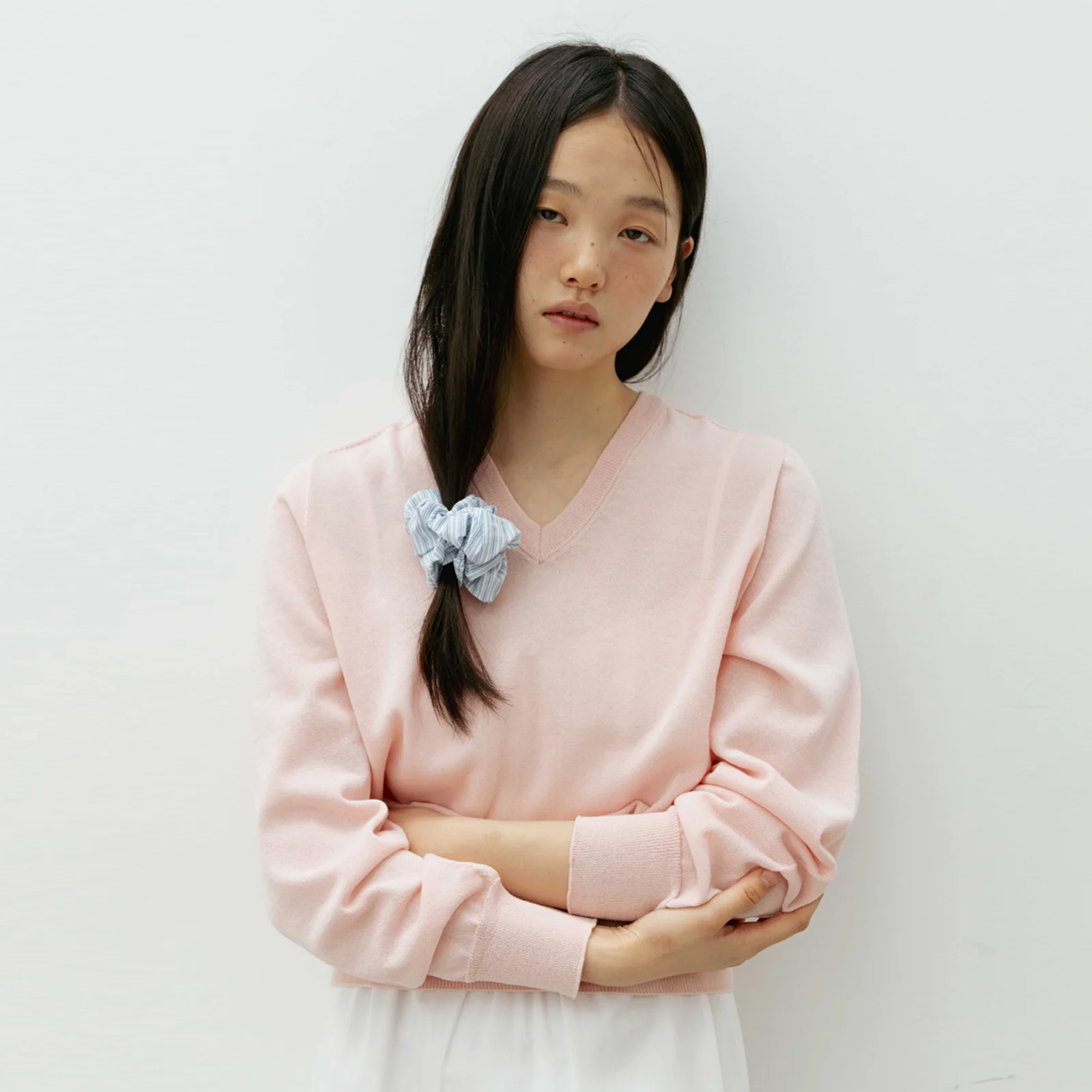 Wholegarment Cotton V-Neck Knit(Light Pink)