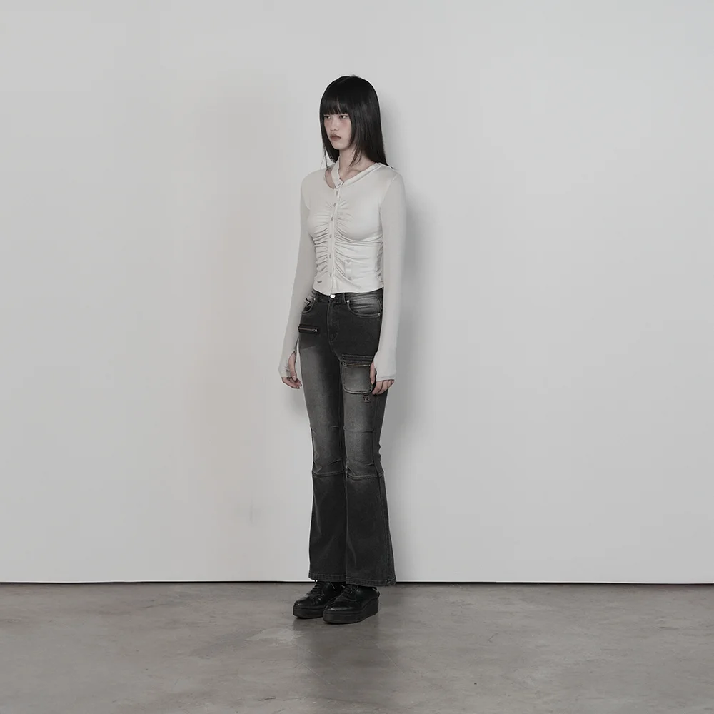 Zipper Denim Washing Bootscut Pants (Dark grey)