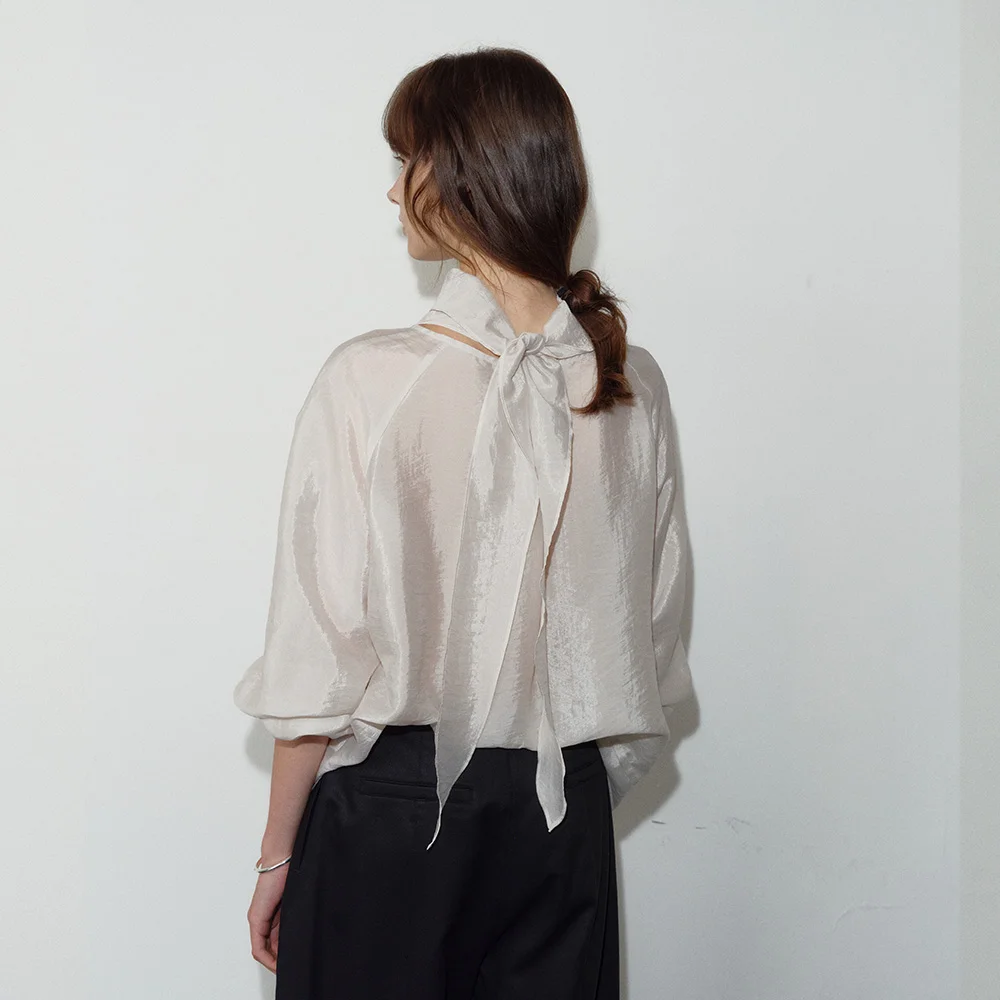 FILAMENT RAYON TIE SCARF BLOUSE_ASH GREY