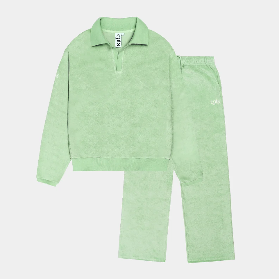 LONG SLEEVED TOWELING POLO PANTS SET_MINT