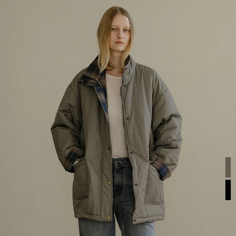 Check pointed high-neck puffer coat _