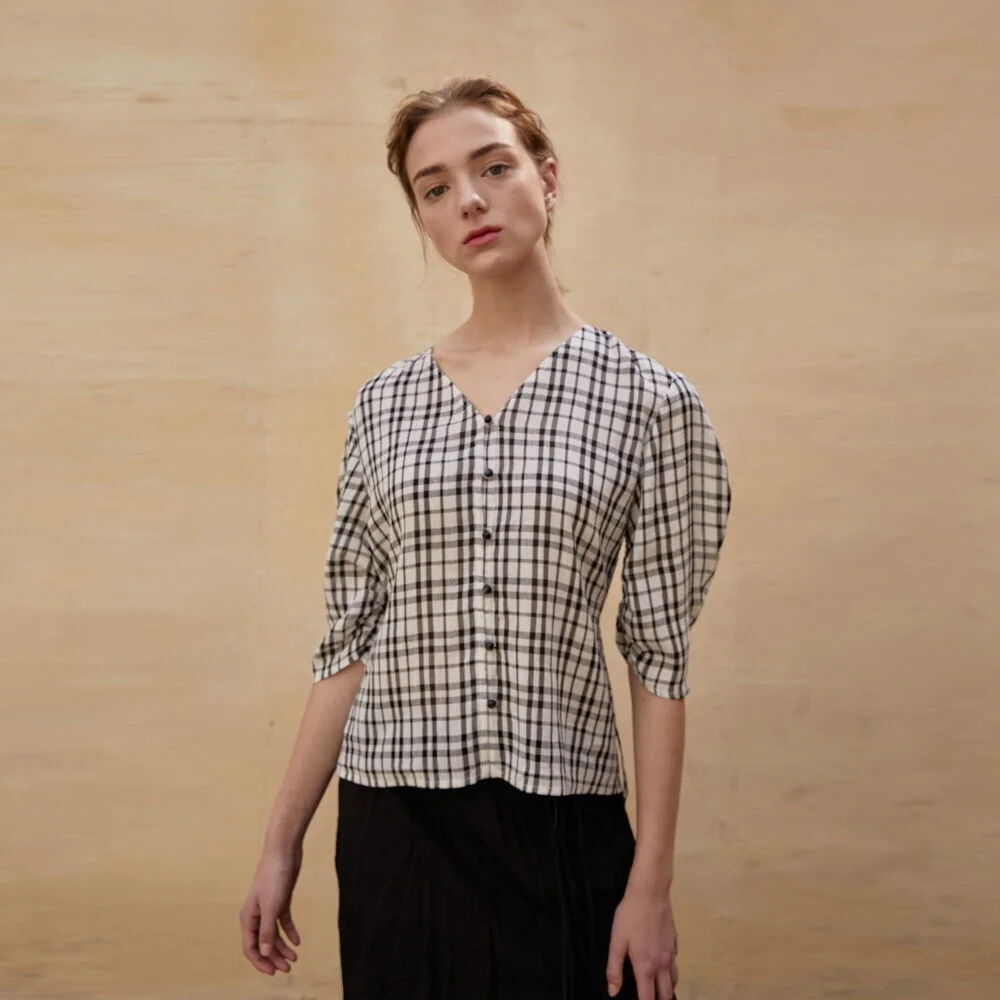Blouse Check Shirring Back Black