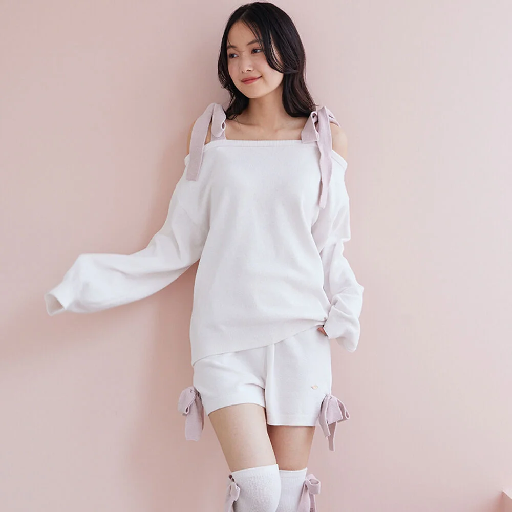 AIRY MOCO 蝴蝶結 套頭 & 短 褲子 套裝 PWNT264088