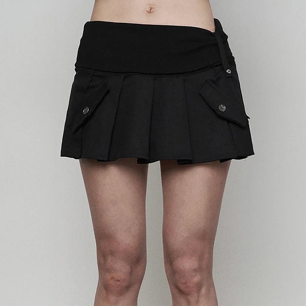 Rib Fake Pocket Pleats Skirt (BLACK)