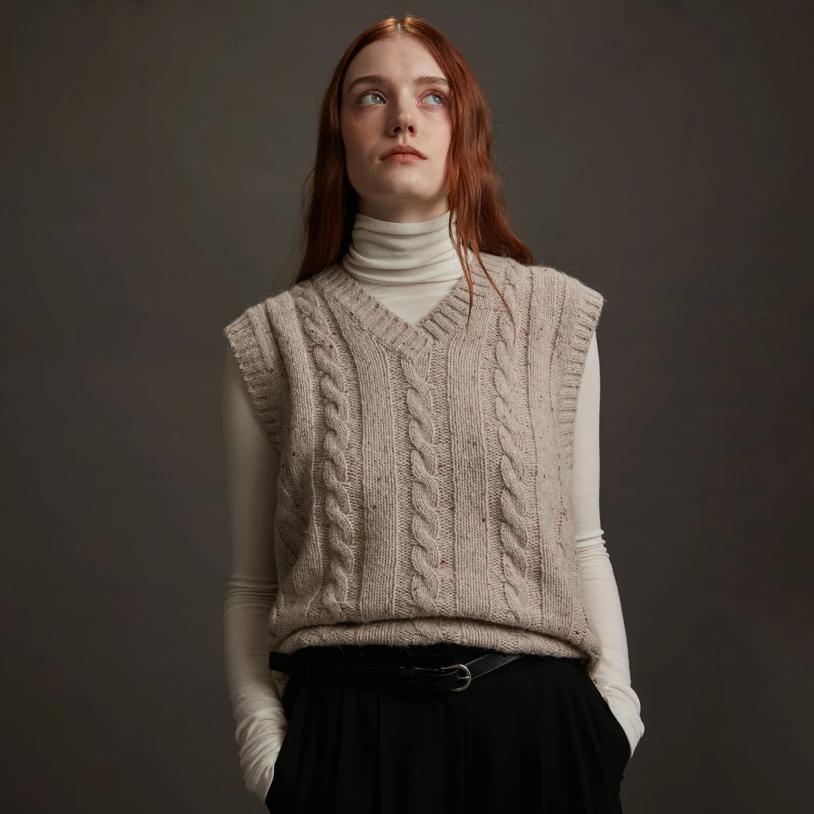 Vest Cable Wool Alpaca Blend Melange Beige
