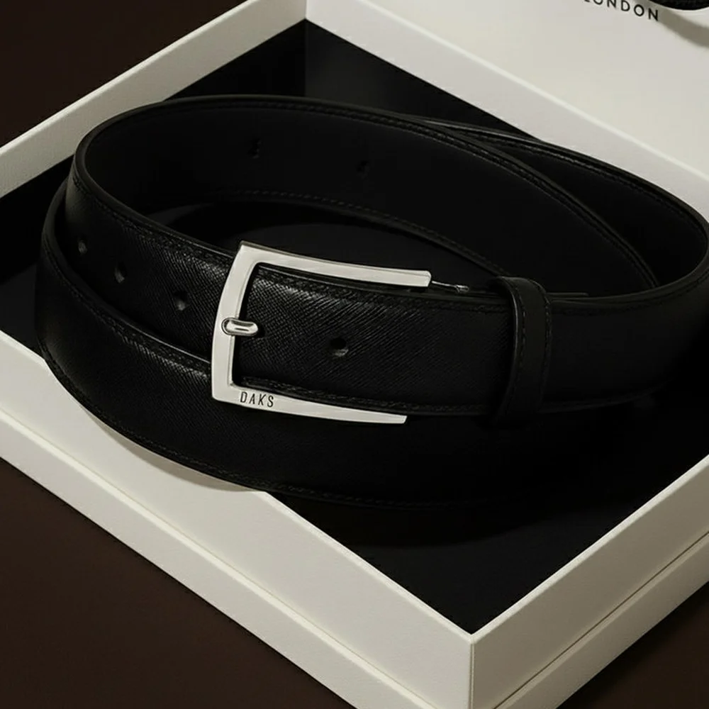 DAKS 黑色 摩登 方形 扣環 牛皮 Bizo Belt 附贈禮品包裝材料 DBBE6F924BK