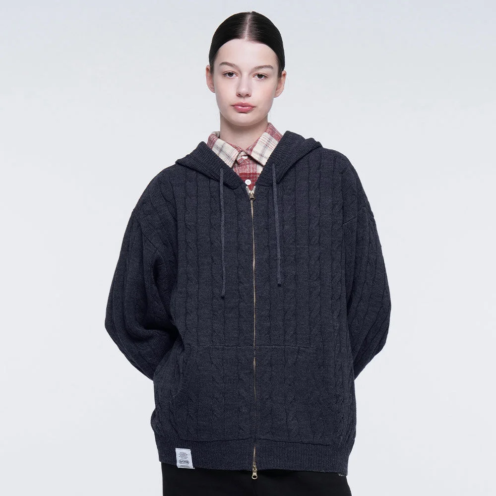 CABLE KNIT ZIP-UP HOODIE (NAVY)