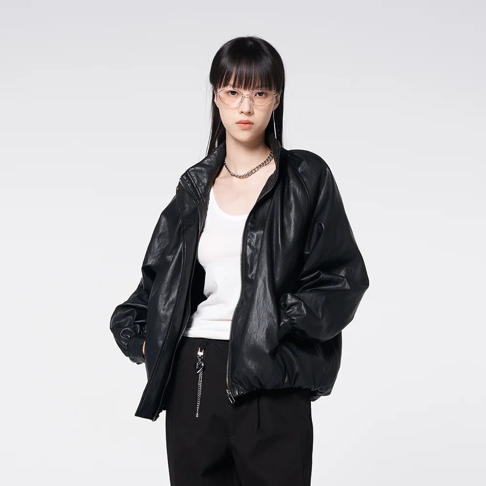 Shirring Funnel Neck Faux Leather Blouson Jacket Black