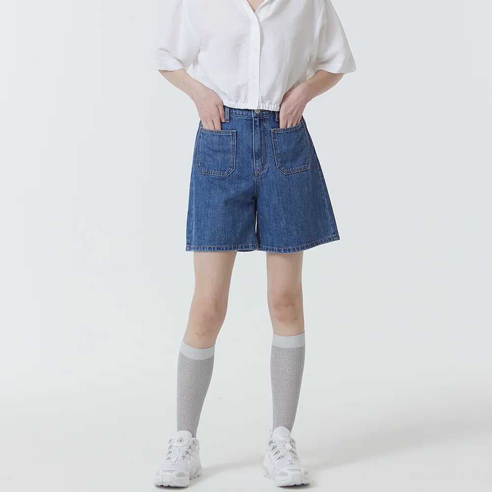 9203 夏季 口袋 短牛仔褲 (靛藍)